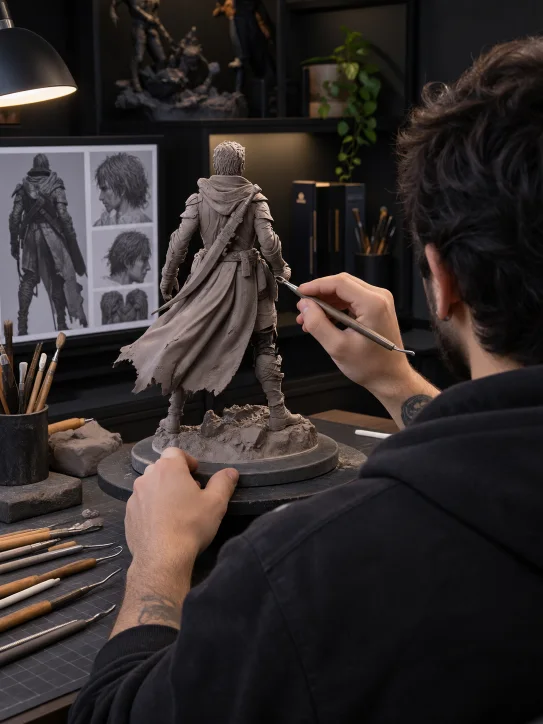 Escultor modelando em clay um personagem de capa sobre um prato giratório