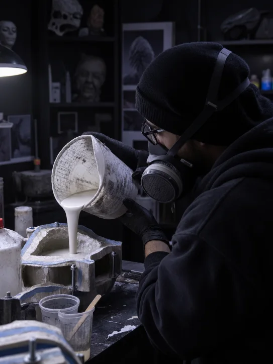 Artesão de máscara despejando resina em um molde de silicone
